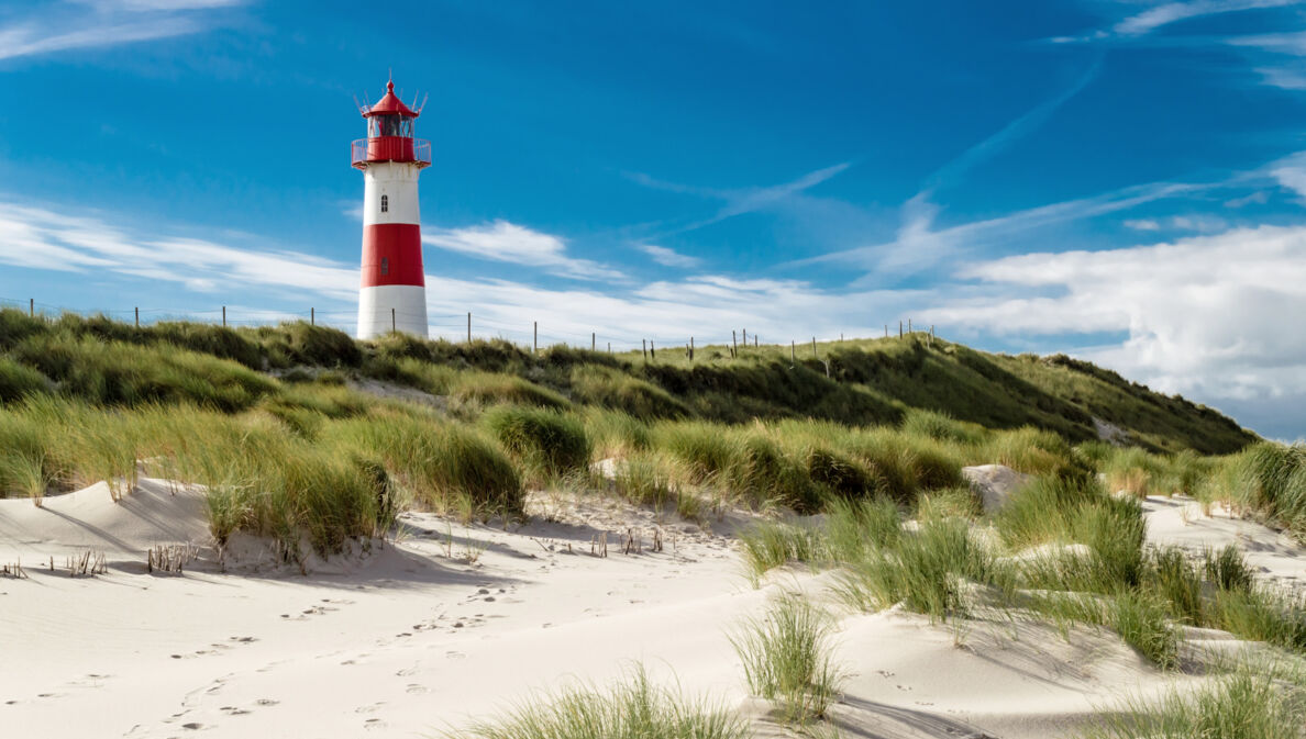 Ein rot-weiß geringelter Leuchtturm in einer grasbewachsenen Dünenlandschaft vor blauem Himmel