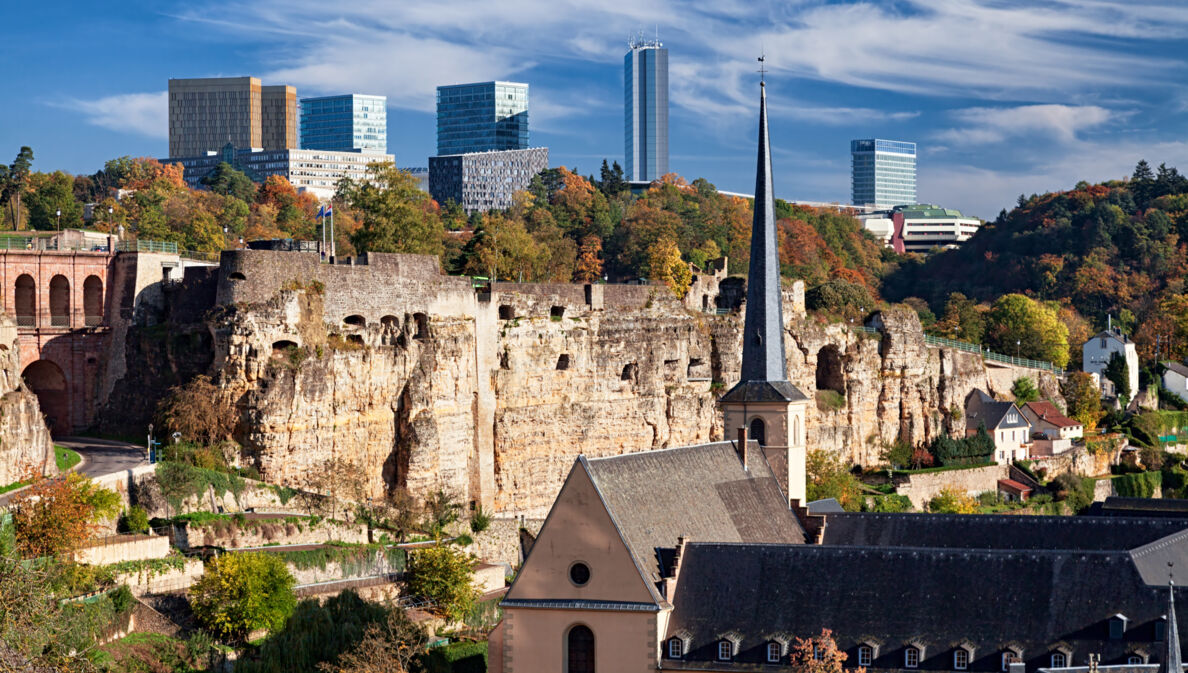 Blick auf die Verteidigungsanlage Kasematten, im Hintergrund Hochhäuser und Bäume