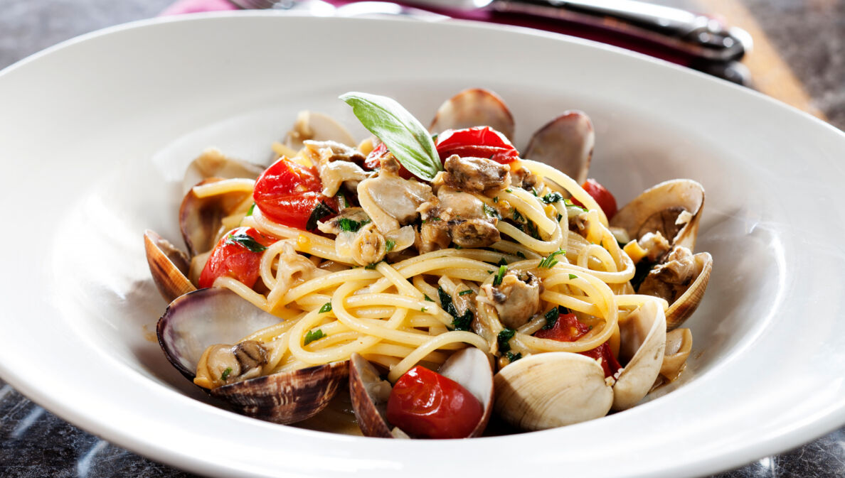 Nahaufnahme einer Portion Spaghetti mit Muscheln und Kirschtomaten auf einem weißen Pastateller.