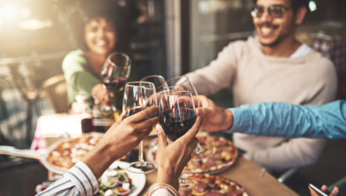 Eine Gruppe von lächelnden Menschen, die an einem Tisch sitzt, auf dem Teller mit Pizza und anderem Essen stehen, und die mit jeweils einem Rotweinglas anstoßen.