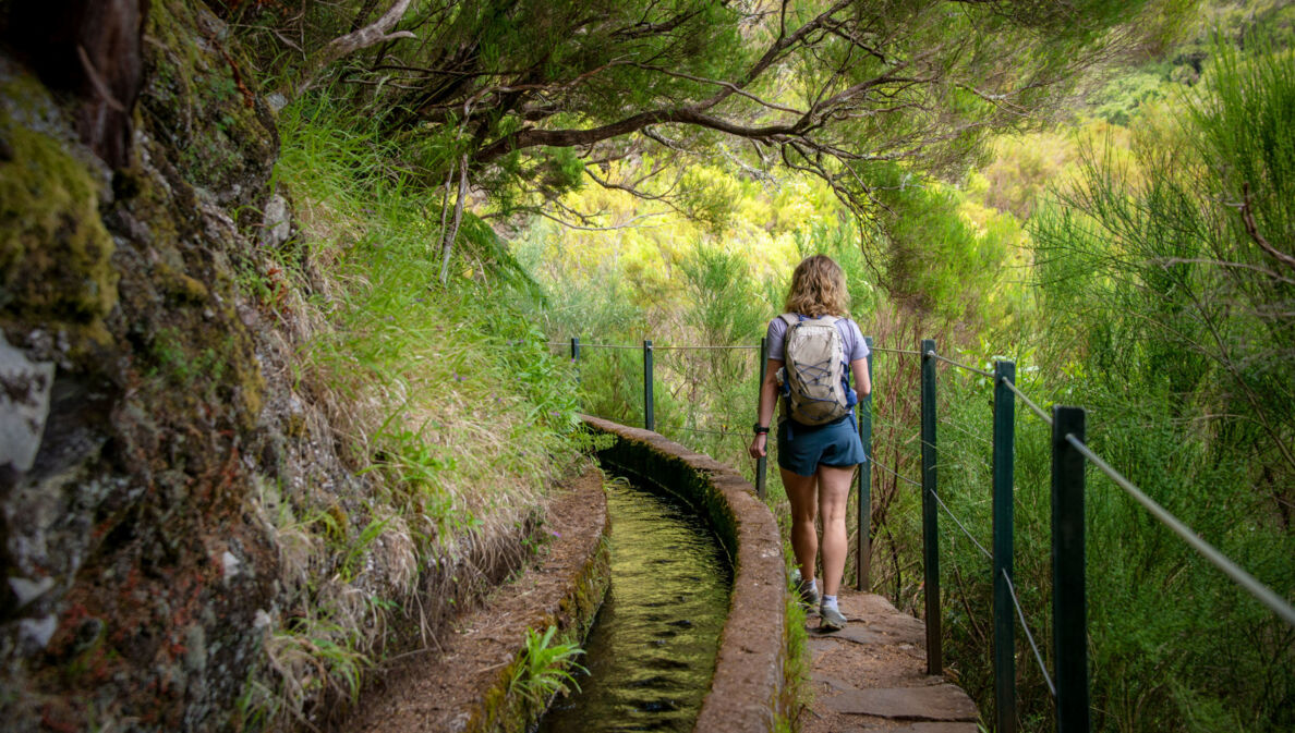 Rückansicht einer Frau auf einem Wanderweg auf Madeira, der entlang eines Bewässerungskanals verläuft.