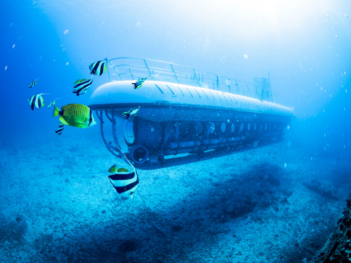 Ein U-Boot unter Wasser umgeben von bunten Fischen.