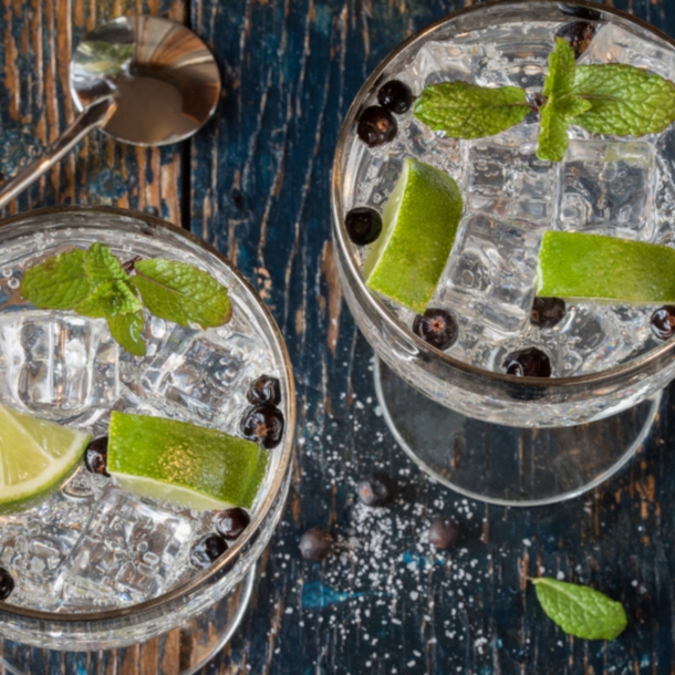 Zwei Gläser Gin Tonic mit Limette, Minze und Wacholderbeeren