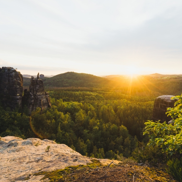 Sonnenuntergang an der Häntzschelstiege in der Sächsischen Schweiz