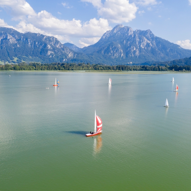 Mehrere kleine Segelboote segeln auf einem See vor einer Bergkulisse