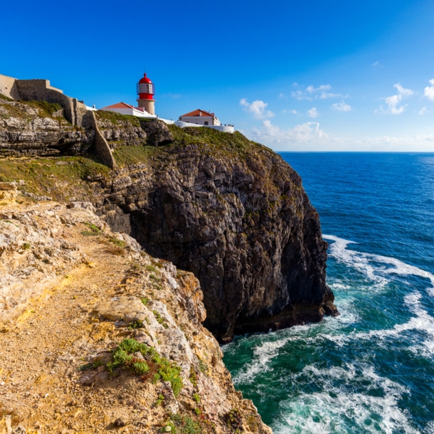 Ein Leuchtturm am Kap St. Vincent in Sagres, Portugal