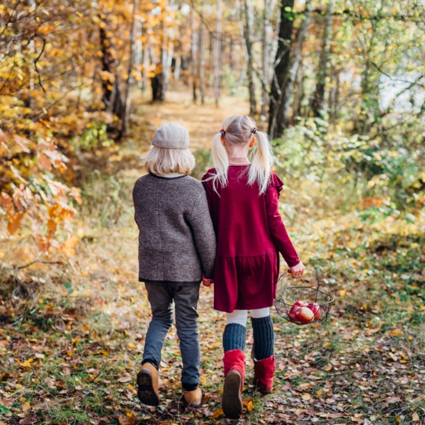 Rückansicht von zwei Kindern, die durch einen herbstlichen Wald gehen