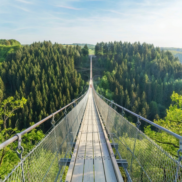 Bewaldeter Hügel Wald und Menschen, die über eine Hängeseilbrücke laufen