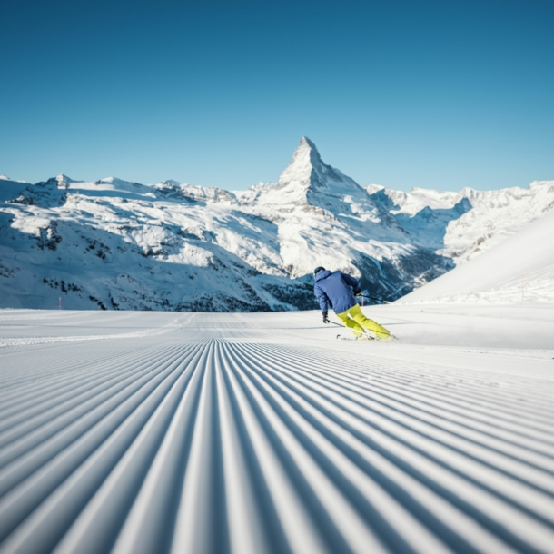 Ein Skifahrer fährt eine perfekt präparierte Piste hinunter, mit Blick auf das Matterhorn