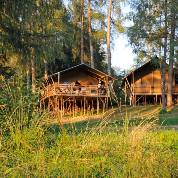 Holzhäuser auf Stehlen bei Abendsonne im Wald