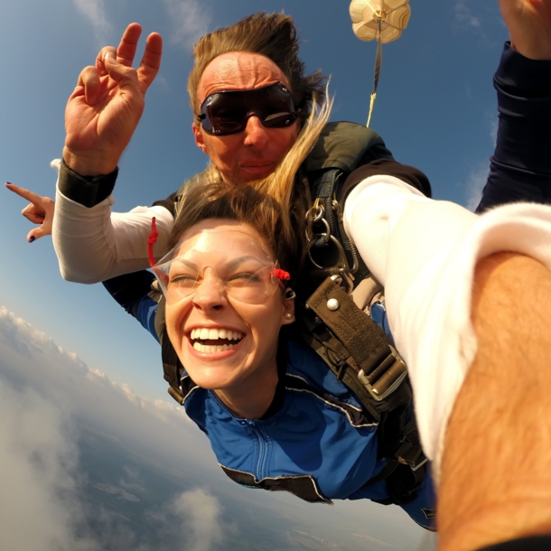 Ein Mann und eine fröhliche Frau beim Tandem-Fallschirmspringen.