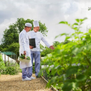 Zwei Köche stehen in einem Kräuter- und Gemüsegarten