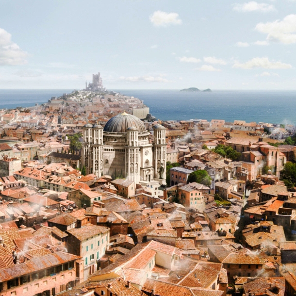 Panorama der mittelalterlichen Stadt Königsmund am Meer, Szenenbild der TV-Serie Game of Thrones