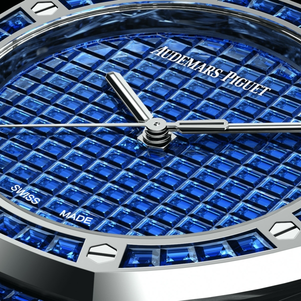 Ziffernblatt mit blauen Edelsteinen besetzt und dem Logo von Audemars Piguet