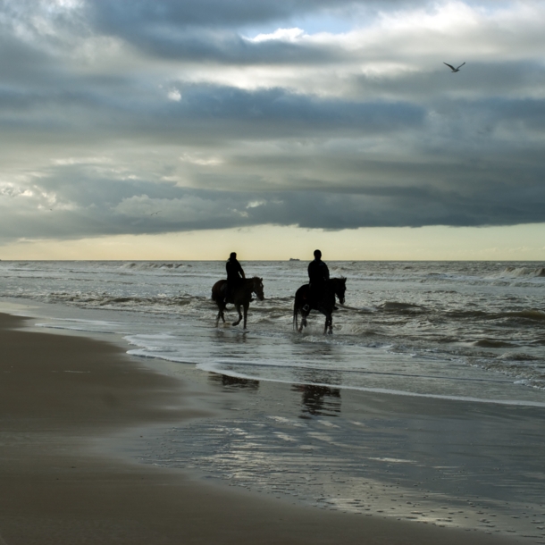 Zwei Menschen reiten in der Dämmerung auf dem Nordseestrand.