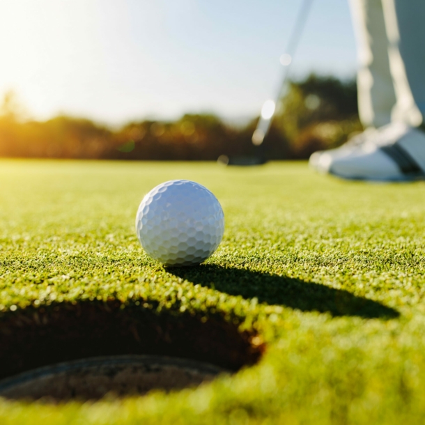 Nahaufnahme eines Golfballs vor dem Loch auf einem Putting-Green