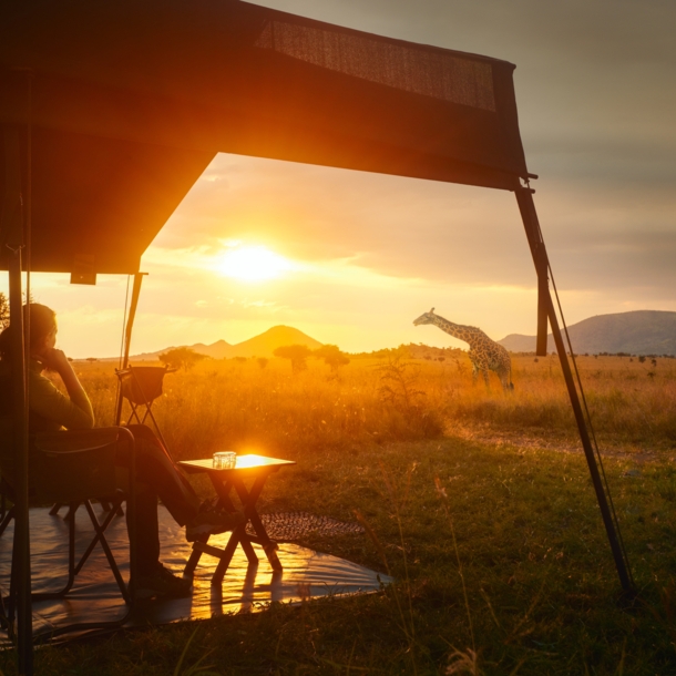 Eine Frau sitzt entspannt in einem Luxuszelt in der afrikanischen Savanne im Serengeti-Nationalpark und beobachtet eine Giraffe im Sonnenuntergang