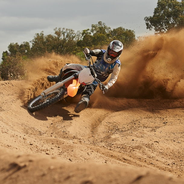 Eine Person fährt auf einem Motocrossbike um die Kurve und wirbelt Sand auf