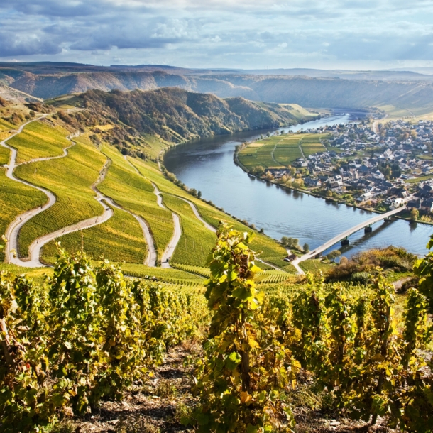 Panoramablick über die Moselschleife mit einer Serpentinenstraße zum Fluss hinunter