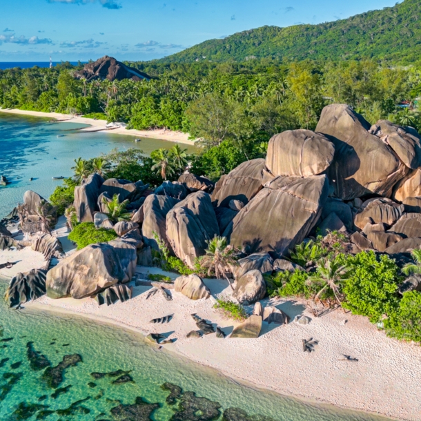 Luftaufnahme der Küste und Strand der Seychelleninsel La Digue