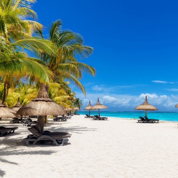 Weißer Sandstrand auf Mauritius mit Sonnenliegen, Strohschirmen, grünen Palmen und türkisfarbenem Meer.