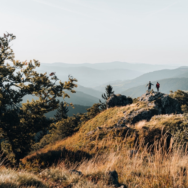 Zwei Personen stehen auf einem Felsen und blicken in die Ferne, im Hintergrund Gipfel im Schwarzwald.