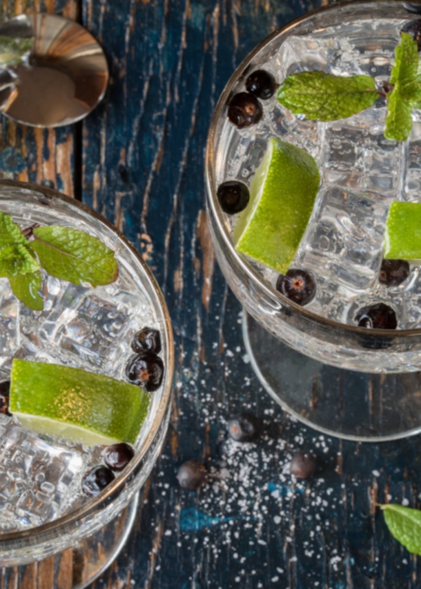 Zwei Gläser Gin Tonic mit Limette, Minze und Wacholderbeeren