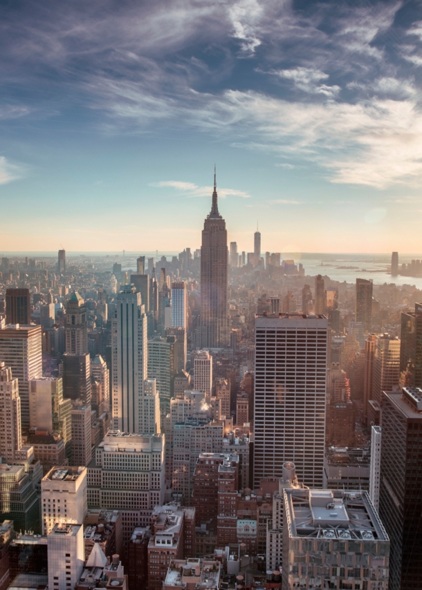 Die Skyline von Manhattan aus der Luft betrachtet