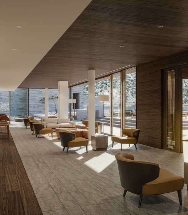 Elegante Hotellobby mit Designermöbeln und Ausblick auf eine Winterlandschaft