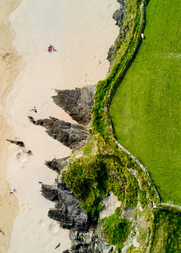 Ein Auto fährt auf einer Küstenstraße entlang einer grünen Wiese mit Schafen auf einem Felsplateau an einem Sandstrand