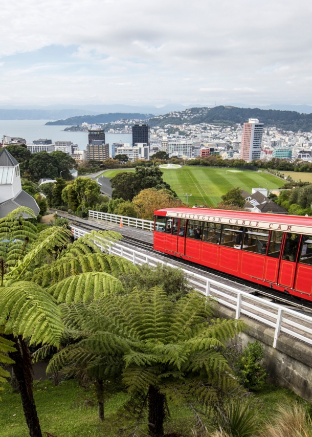 Blick auf Wellington, im Vordergrund eine alte rote Straßenbahn