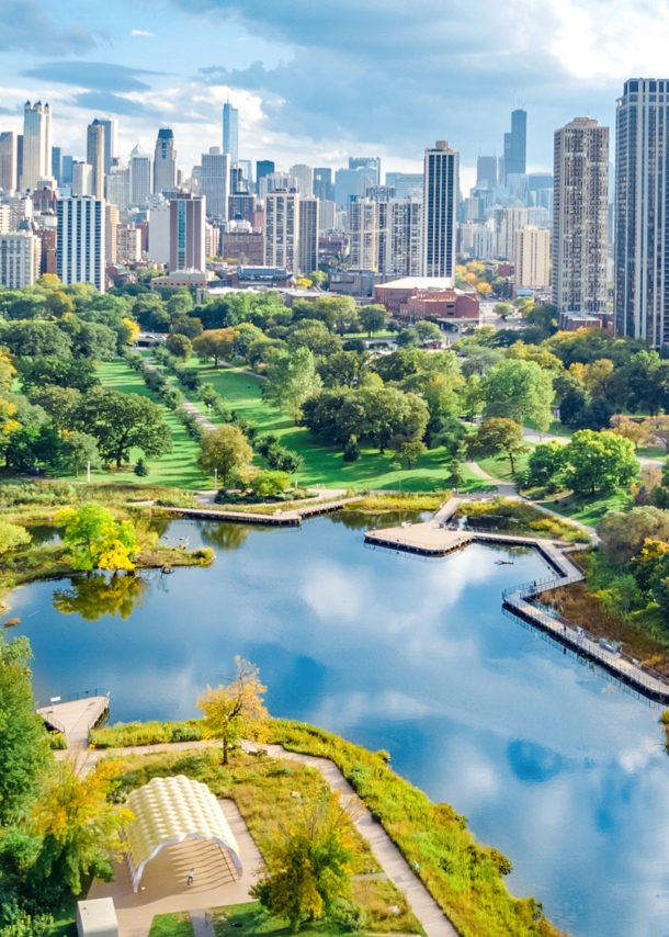 Skyline von Chicago mit großer Parkanlage samt See im Vordergrund.