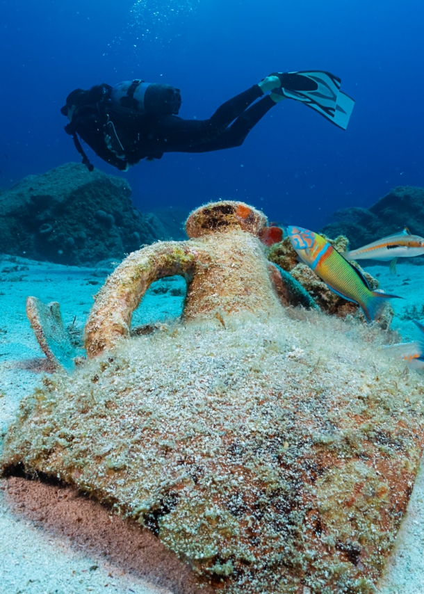 Eine zerbrochene Amphore auf dem Meeresgrund, die von bunten Fischen umgeben ist. Im Hintergrund schwimmt eine Person in Tauchausrüstung.