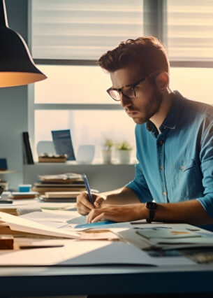 KI-generiertes Bild eines jungen Mannes mit Brille, der an einem Schreibtisch arbeitet und sich Notizen macht.