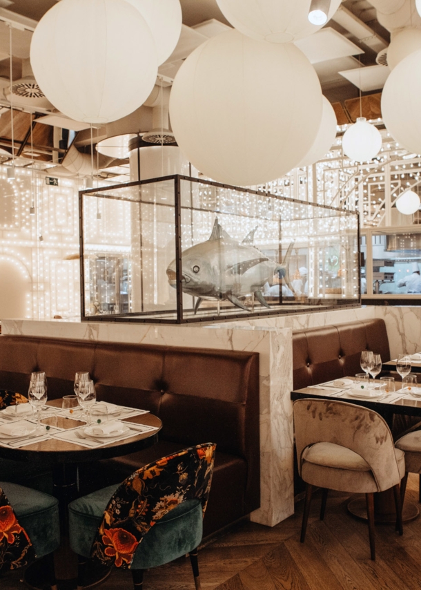 Modernes Restaurant mit zahlreichen Lichtern an Decke und Wänden, im Mittelpunkt eine Haifisch-Skulptur in einem Glaskasten.