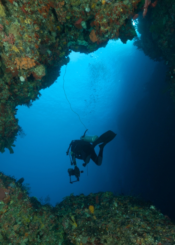 eine Person mit Tauchausrüstung, die aus einer Höhle hinausschwimmt.