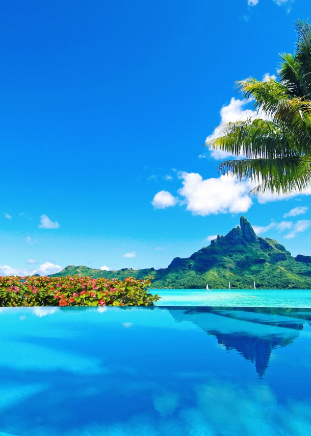 Von Palmen gesäumter Infinitypool an türkisblauer Lagune mit Blick auf eine Küste mit grüner Vegetation unter blauem Himmel.