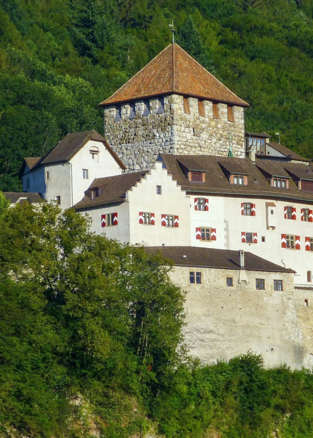 Mittelalterliche Burganlage auf einer Felsterrasse an einem bewaldeten Hügel.