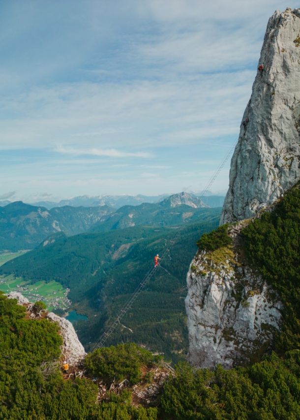 Eine Person auf einer Leiter, die hoch über einem Abgrund zu einem hohen Felsen führt, im Hintergrund Berge und Himmel.